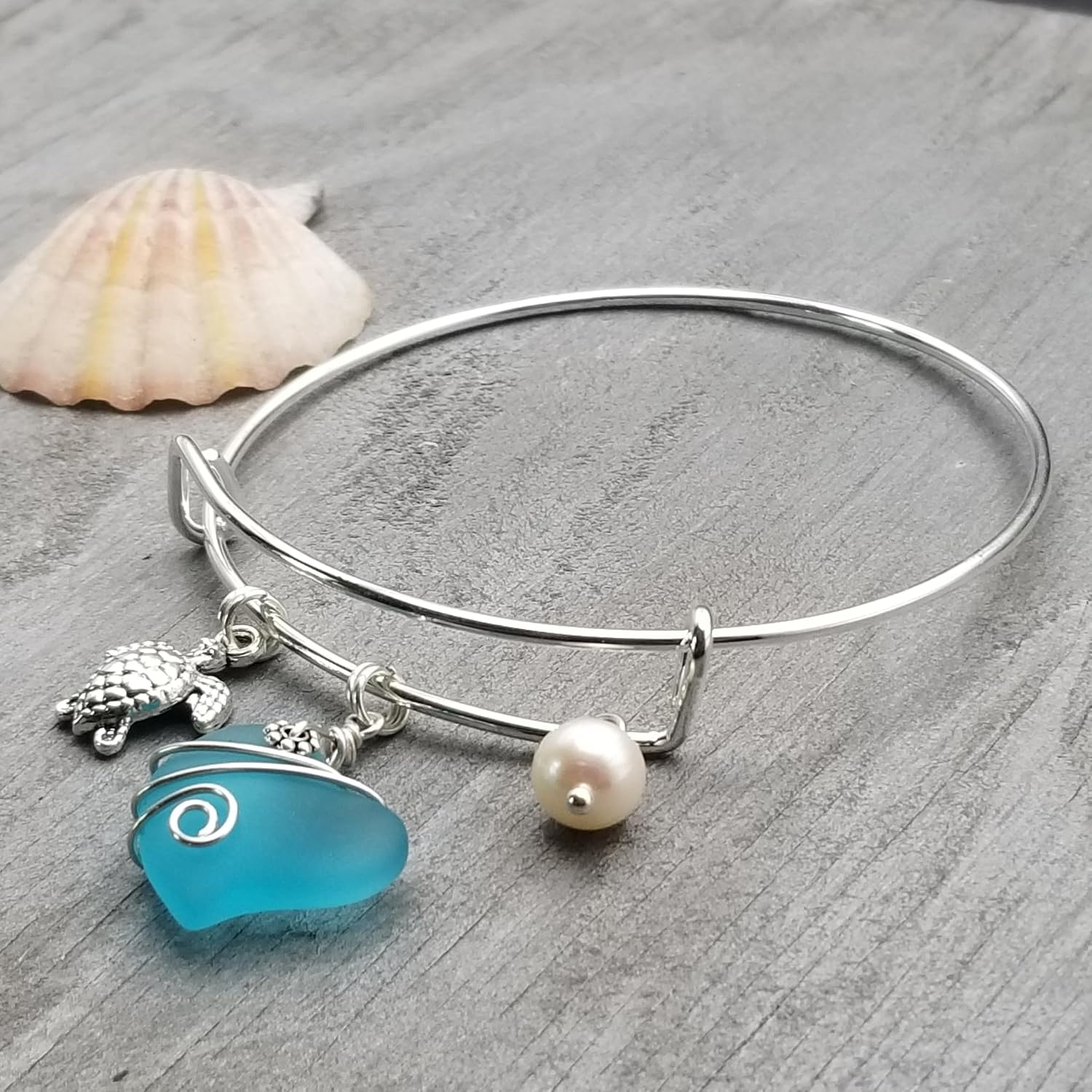 Handmade Wire Wrapped Heart of the sea bracelet, Turtle charm, Natural pearl, Turquoise Bay Blue Heart, December Birthstone Color
