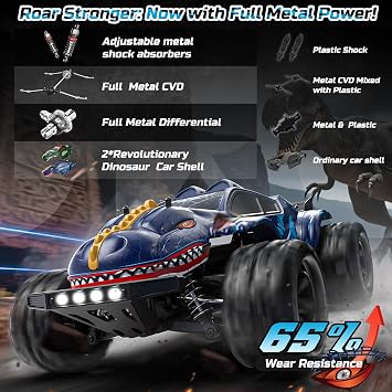 DEERC 9308E 1:16 All Terrain Fast RC Monster Truck 40 KPH RC Cars for Boys Age 8-12,4WD High Speed Dinosaur Truck,2.4Ghz Off-Road Remote Control Cars with 2 Batteries 2 car Shell, Toy Gift for Kids