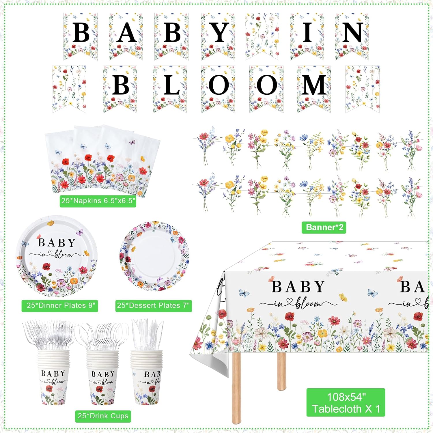 175 Pcs Baby in Bloom Party Decorations, Disposable Floral Banner and Tablecloth Spring Wildflower Paper Plates Napkins Set for Spring Birthday Baby Shower Party Supplies Serves 25