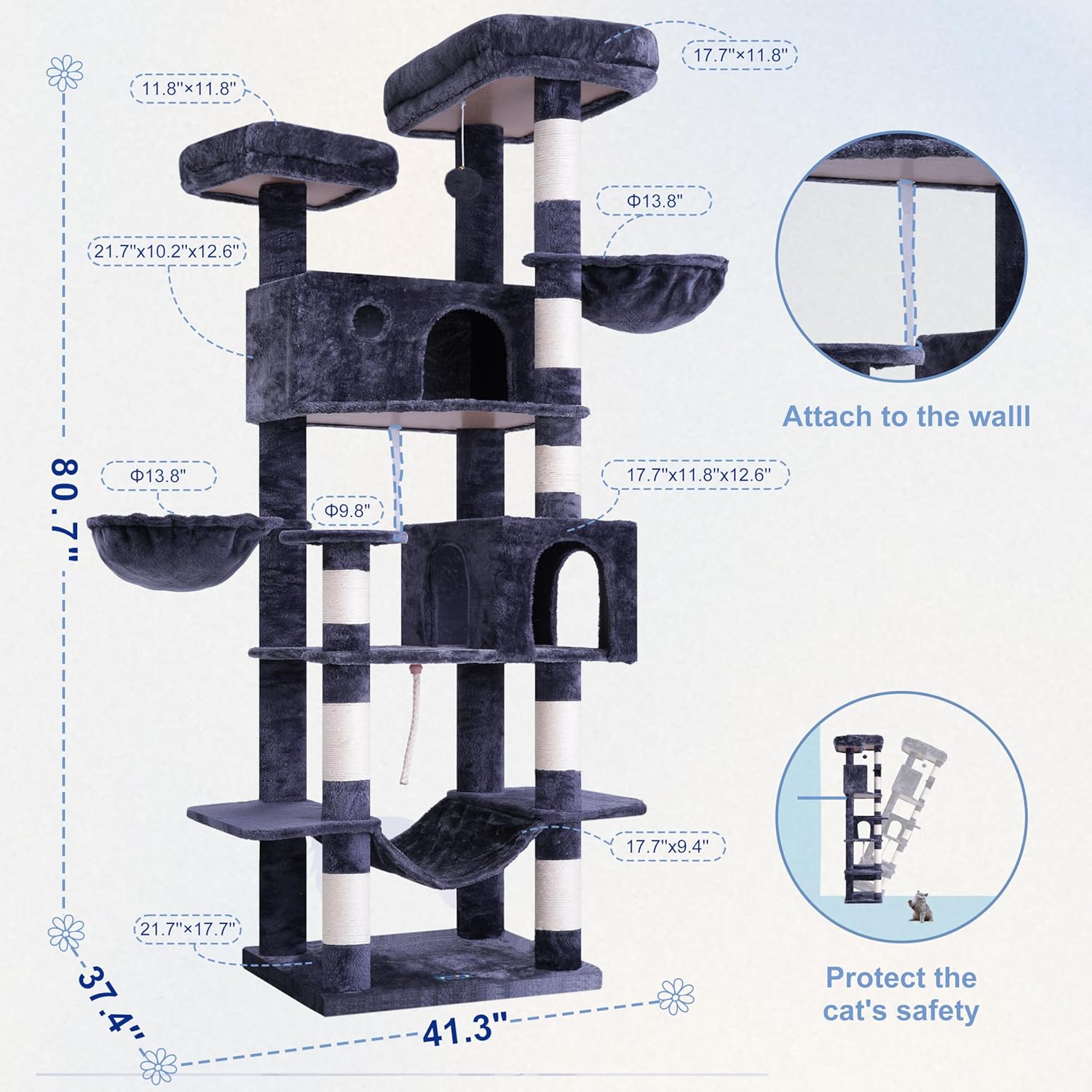 Gitelsnour Tall Cat Tree, Large Cat Tower for Adult Cats, 80.7'' (205cm) Heavy-Duty Cat Tree House for Indoor Cats 20 lbs+ with Scratching Posts, 2 Top Perches/Condos, Hammcok, Smoky Gray GCT034G