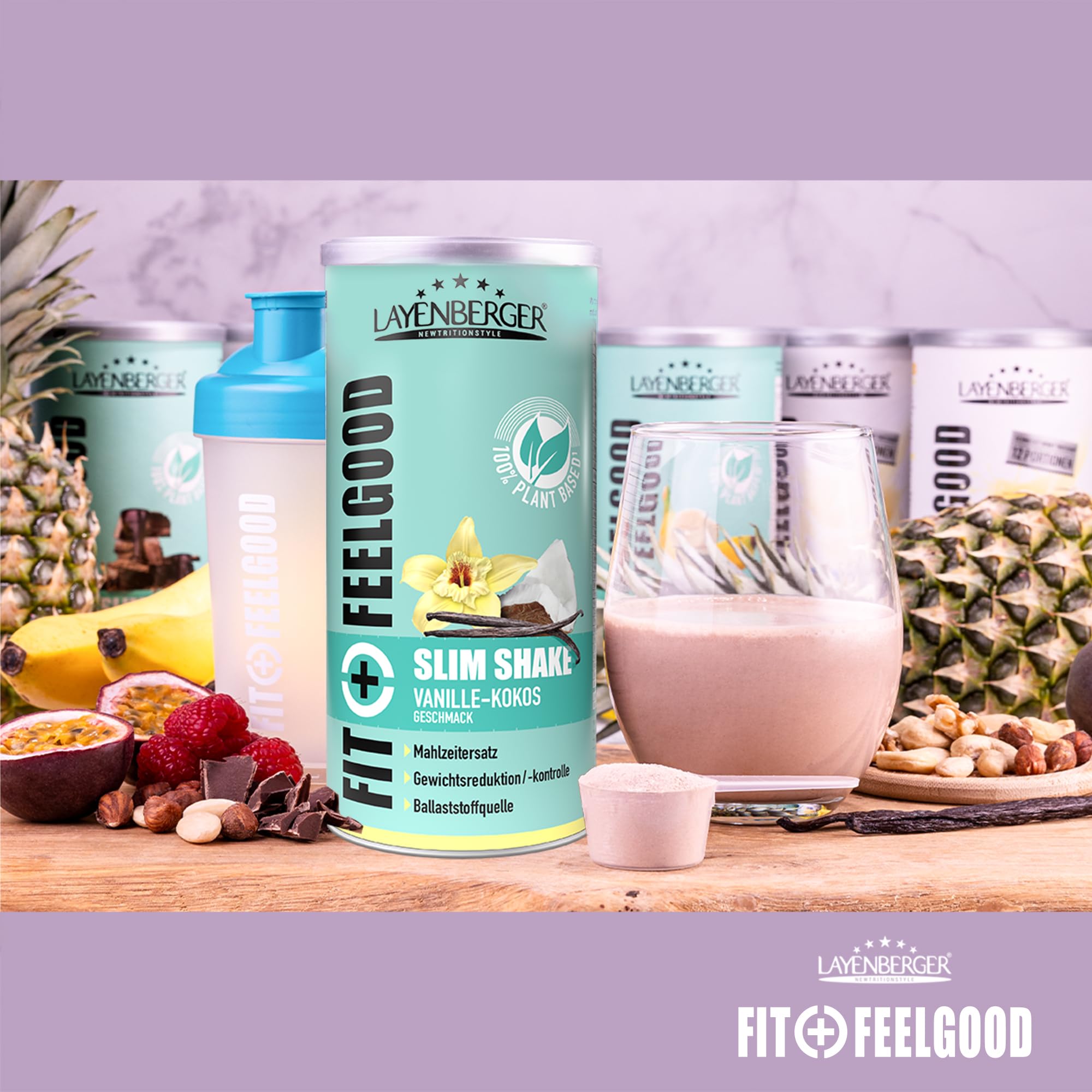 Layenberger Fit+Feelgood Slim Shake Powder vegan - Mahlzeitersatz für 12 Portionen, je 204 kcal, (1x 396 g) - Vanille-Kokos (Packung mit 2)