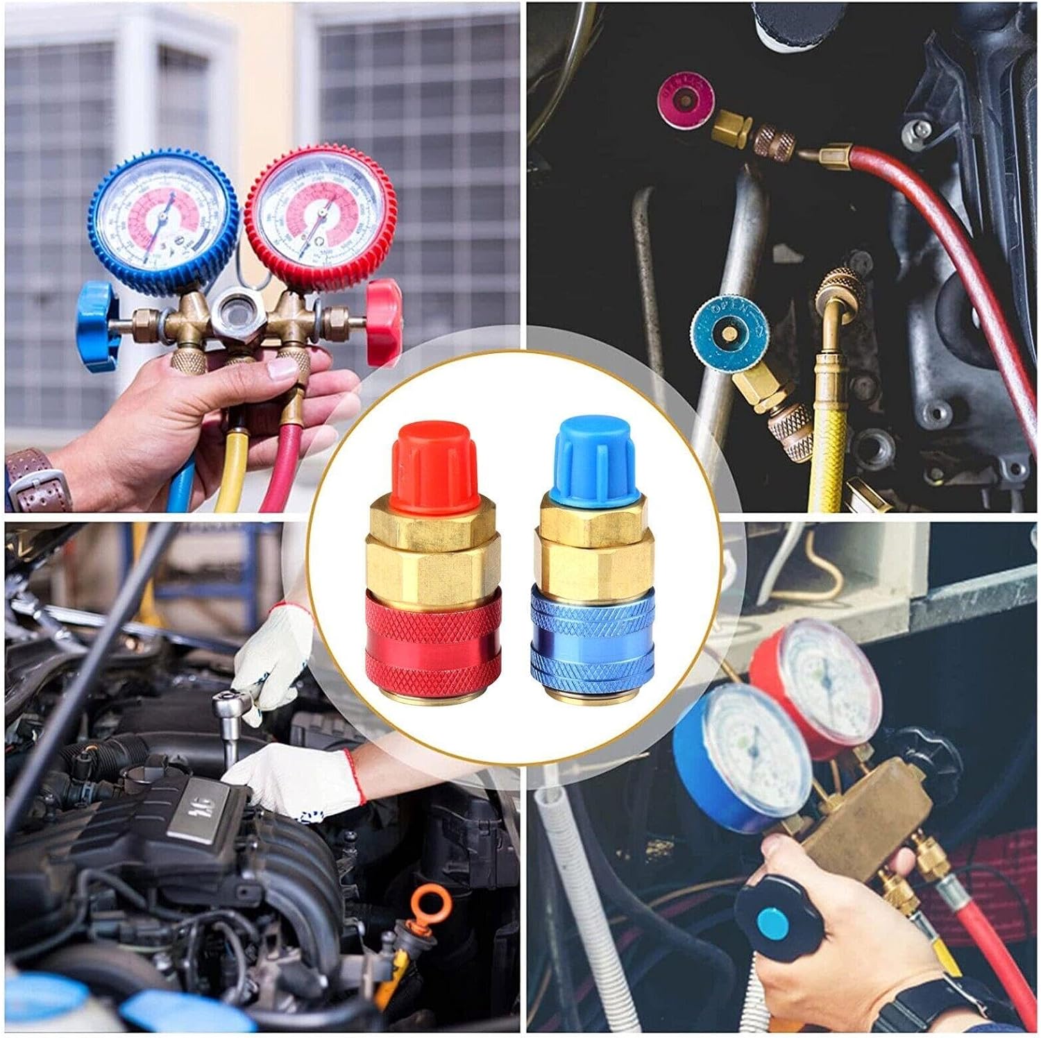 2X A/C HVAC Quick Coupler, High/Low Car Side Quick Coupler Auto Air-Conditioning Hose Adapter Fitting Connector Tool Accessory