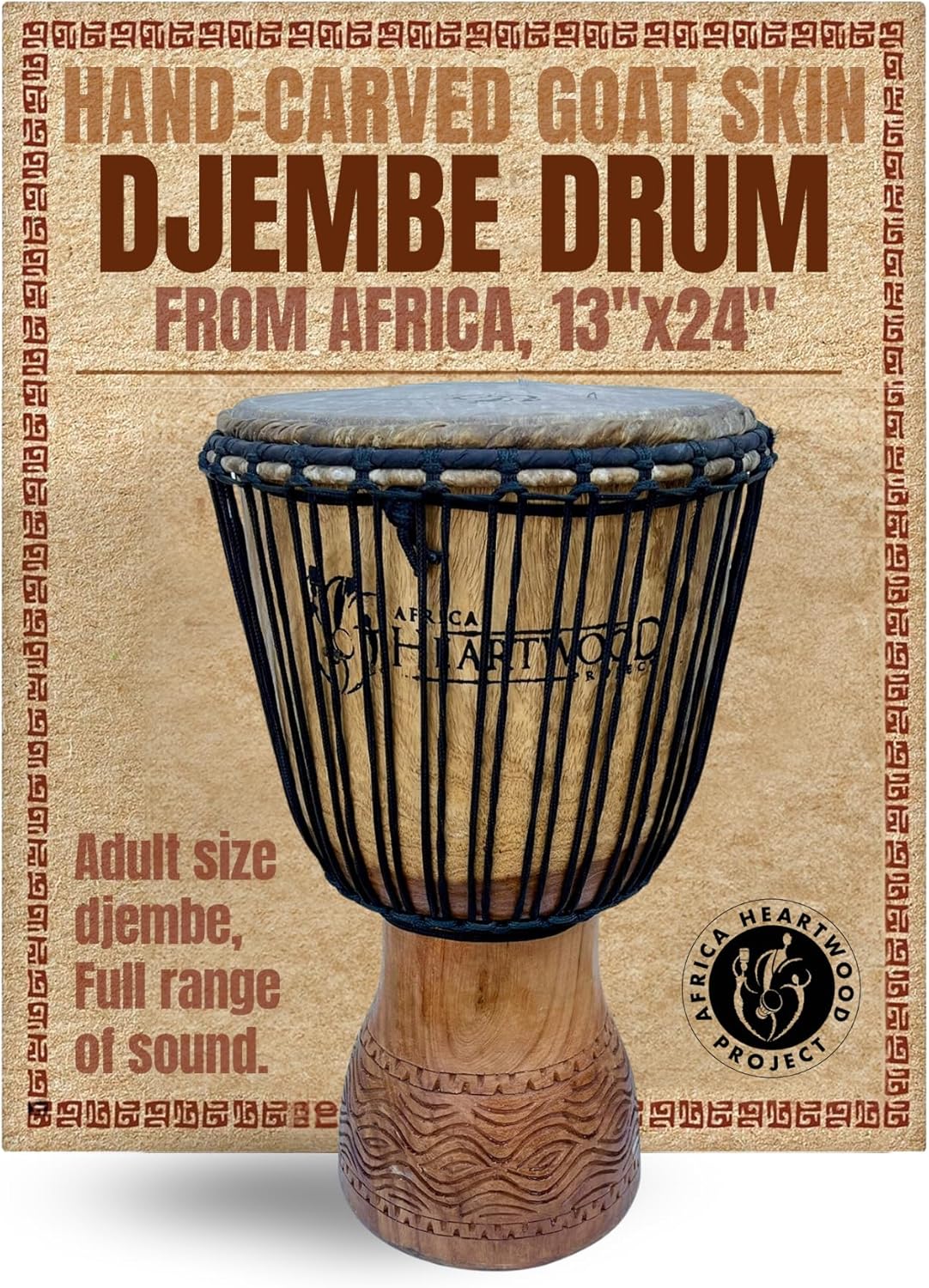 Africa Heartwood Project Hand-Carved Djembe Drum from Africa - 13"x24" Classic Ghana Djembe (Fingerprint Carving) Solid Wood Shell & Natural Goat Skin - Ready to Play Out of the Box Musical Instrument
