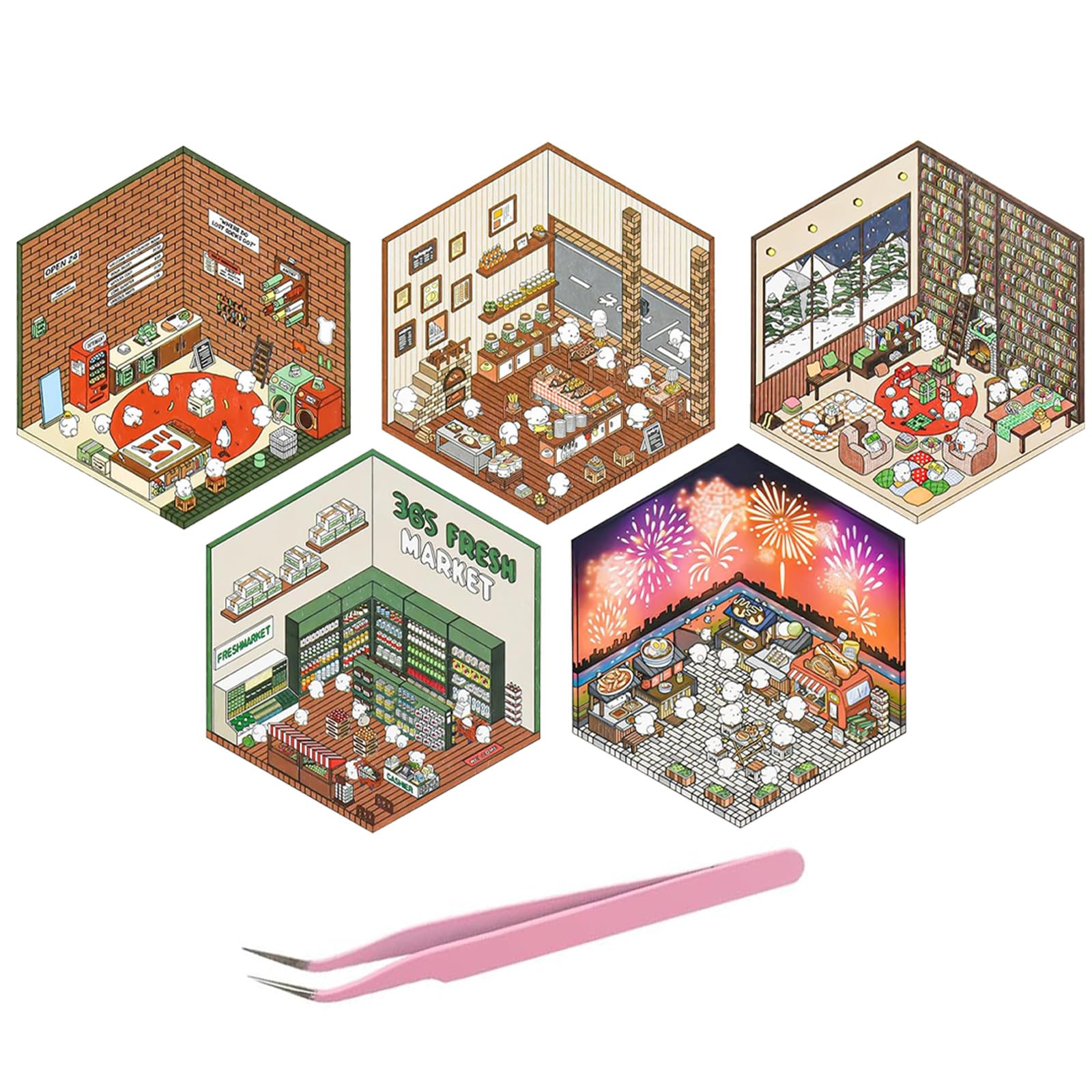 5 Sets 3D Stickers, Sticker Therapy Adults, DIY 3D House Stickers, Fun DIY Stickers Scene Create Your Own Laundry Shop, Marketplace, Bakery, Study, Convenience Store, Relieve Anxiety