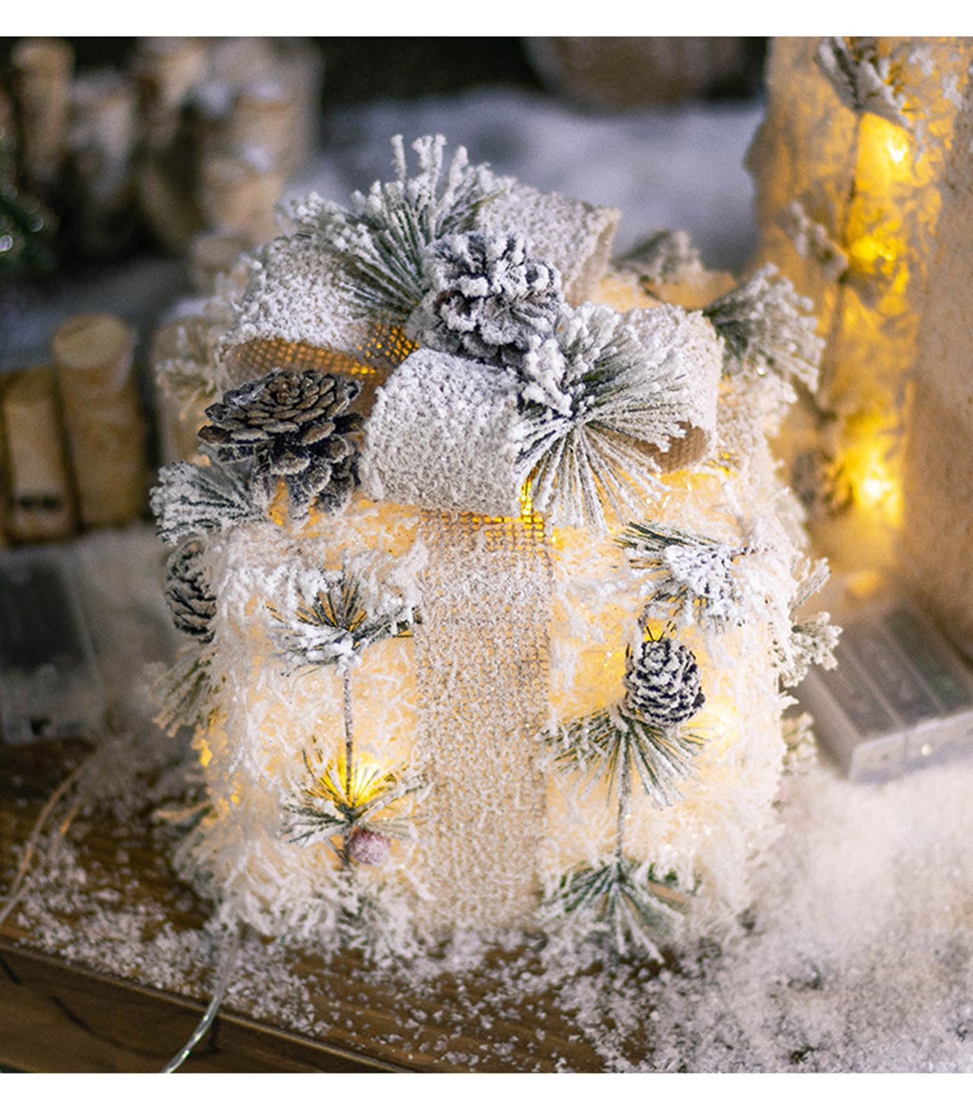 3PCS Christmas Lighted Gift Boxes Pre-Lit Present Boxes Ornament with Snowy Flocking Pine Cone Berry Bowknot, Luminous Xmas Tree Skirt Ornament for Indoor Party Holiday, Christmas Decor (Snowy