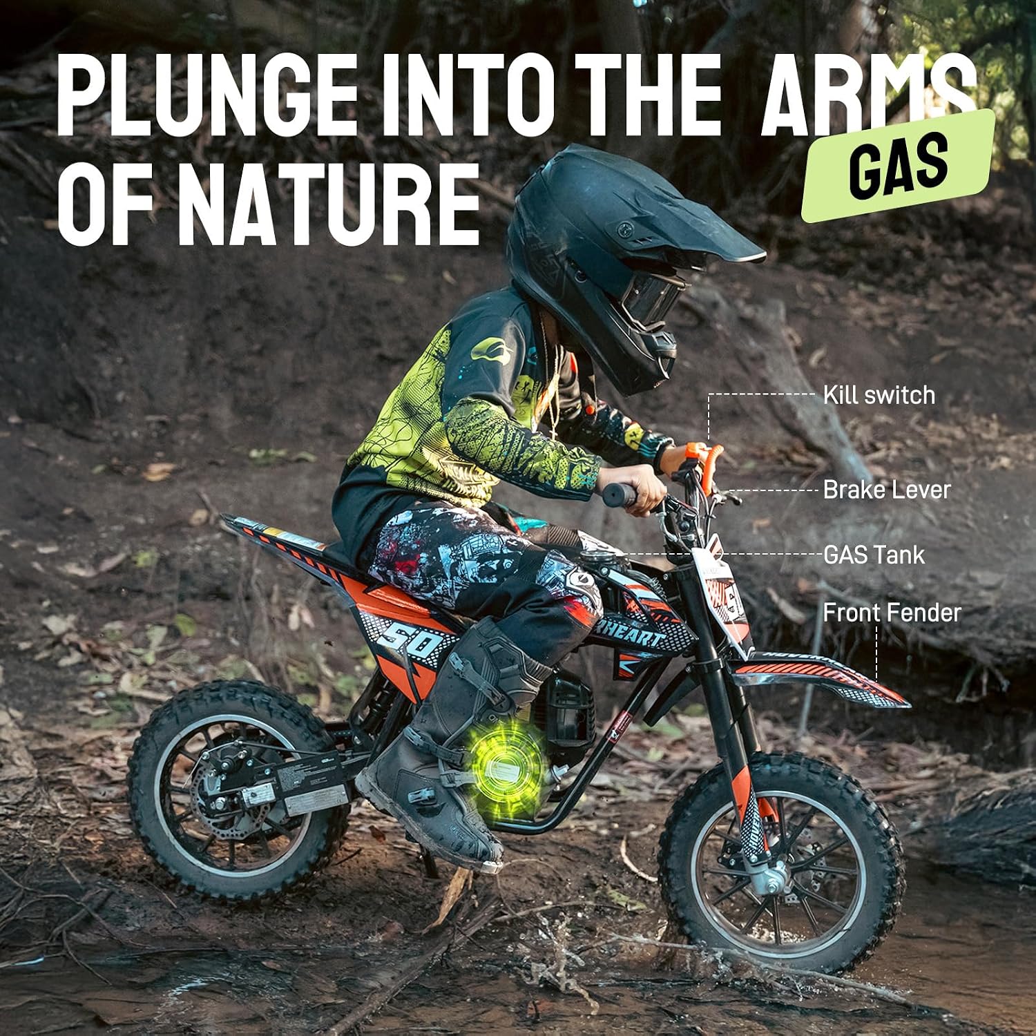 HOVER HEART Kids Gas Dirt Bike with labeled parts
