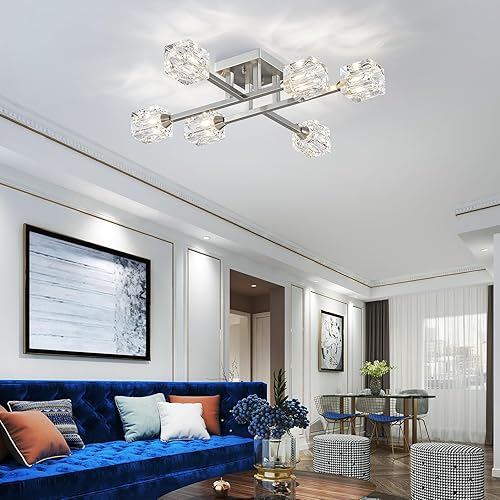 Miniatura 6 de XINGQI Lámpara de techo semiempotrada de 6 luces, moderna lámpara Sputnik de níquel cepillado, accesorios de iluminación para comedor, sala de