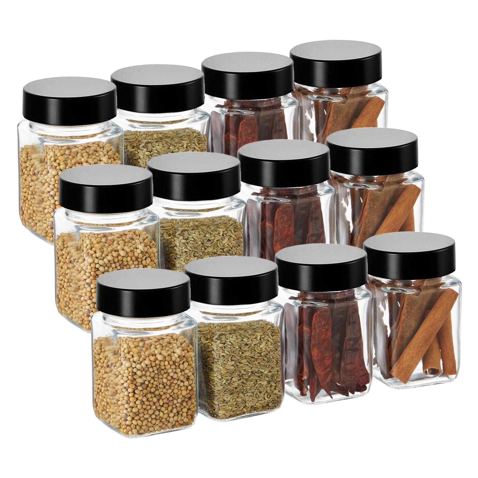 RAQSAL Set Of 9 Cubical Square 300ml Glass Jars & Containers for Kitchen, Cube Storage Glass Jar 300 ml Each, Transparent Glass Jat with Black Color Plastic Airtight Lid Nextiza
