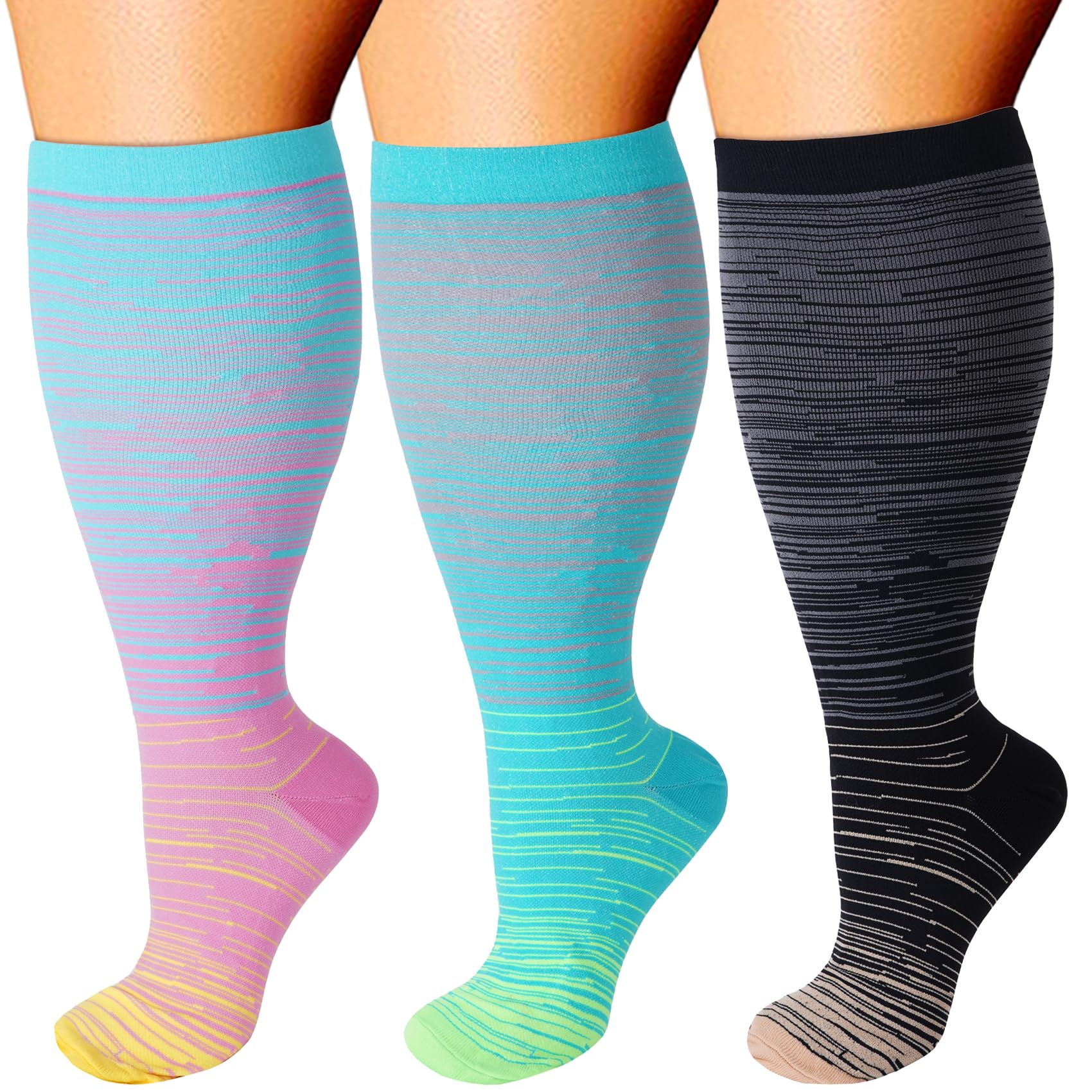 3 Pairs Wide Calf Compression Socks for Women Men 20-30 mmHg Plus Size Knee High Compression Stockings for Pregnancy Sports