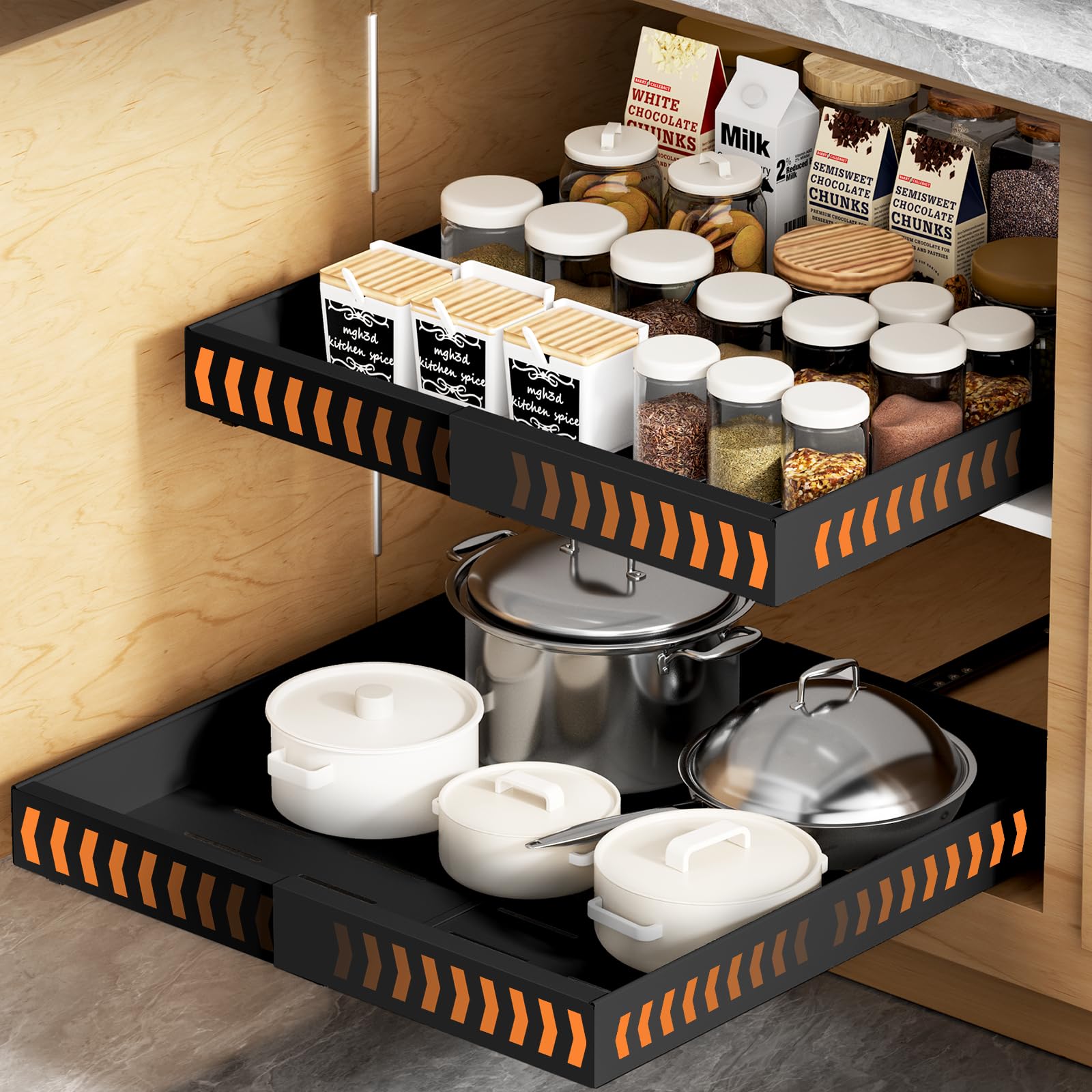 YJHome 1 Stück Ausziehbare Schublade Küche mit Magnetische Trennwand, Pull Out Teleskopschublade Schrank Organizer mit Kleber, Küchenorganizer für Küche Pantry Unterschrank, Schwarz,Breite 31-52cm