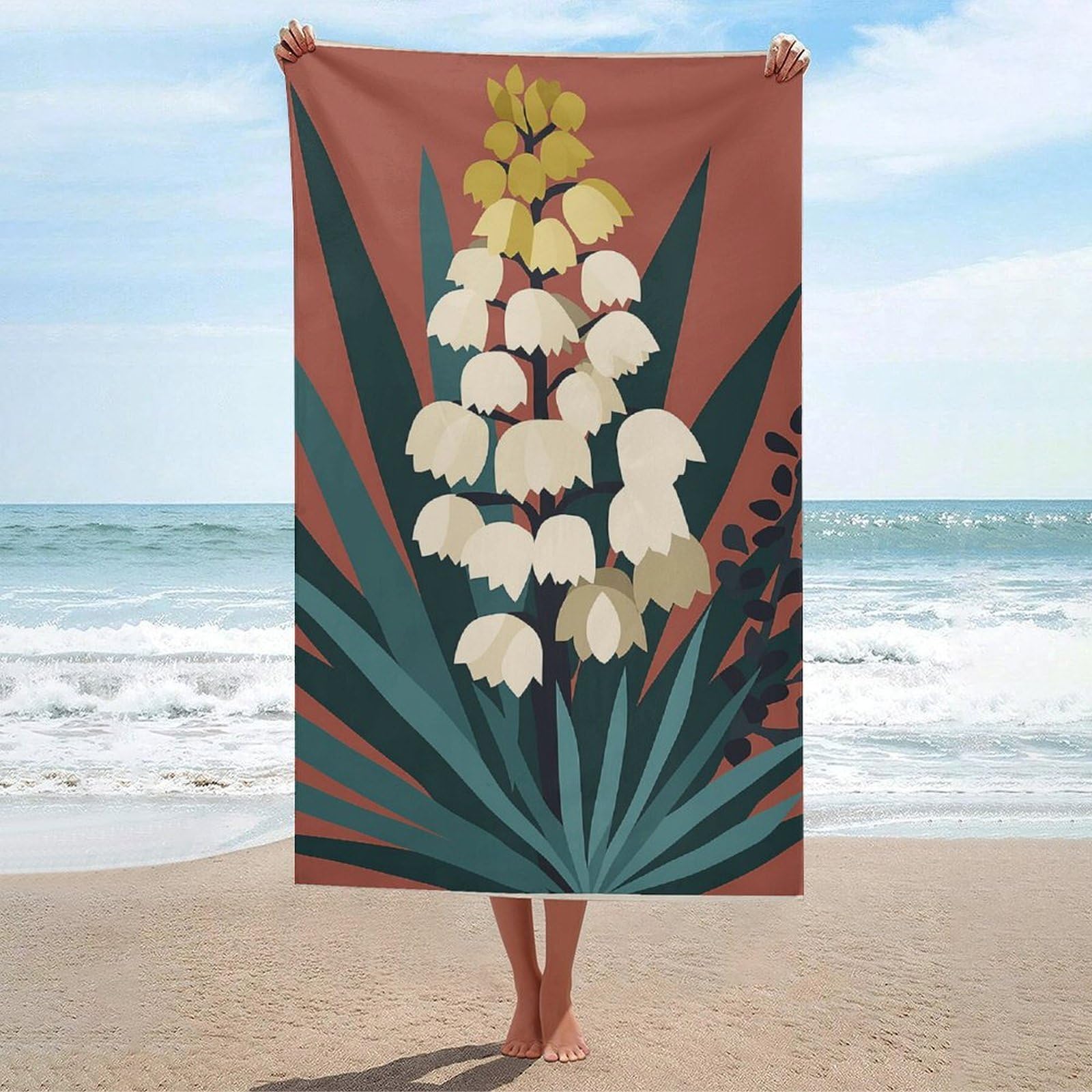 asbwuo Mid-Century Botanical Creamy White Bell-Shaped Flowers Beach Towel