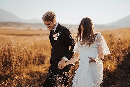 Miniatura 7 de Juego de pulseras de ramillete de rosa champán y pulsera para hombre, juego de boutonniere para boda, pulseras de ramillete de flores artificiales