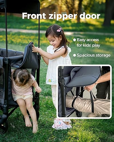 Miniatura 4 de Cochecito de vagón para 2 niños con paquete de aperitivos aislado plegable todo terreno, arnés de 5 puntos y toldo organizador para padres, mango