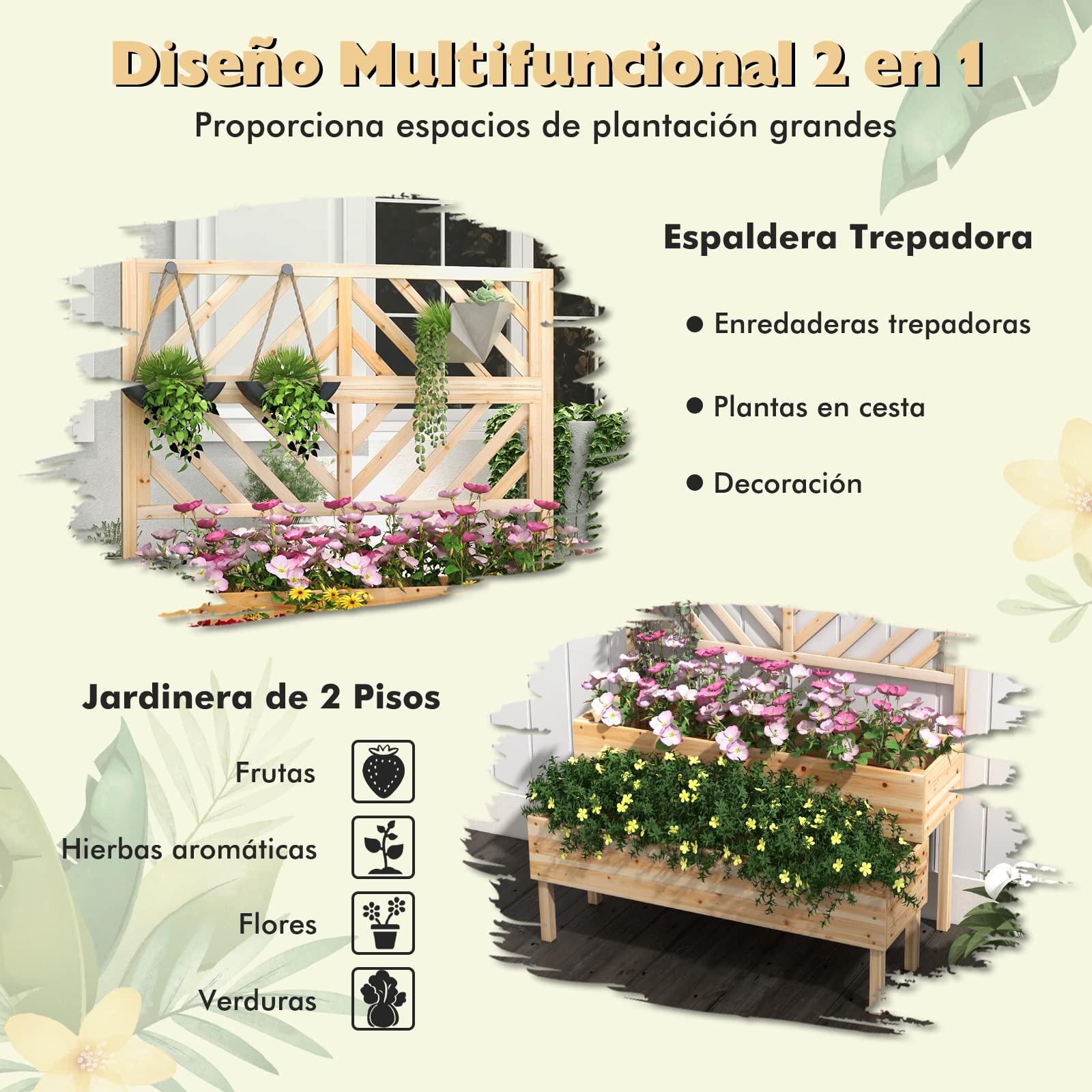 COSTWAY Cama Elevada de Jardín de 2 Niveles con Enrejado, Caja de Cultivo Elevada de Madera con Patas, Agujero de Drenaje, Maceta Interior y Exterior para Jardín, Patio y Balcón (Natural)