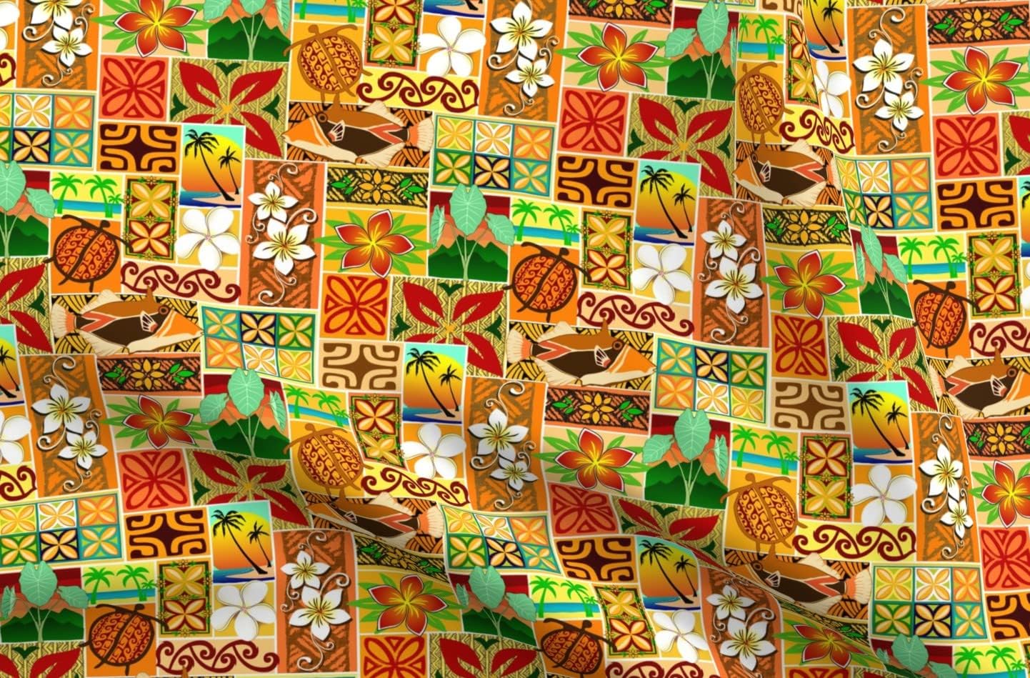 Spoonflower Fabric - Hawaiian Tiki Tropical Retro Cartoon Printed on Chiffon Fabric by The Yard - Sewing Fashion Apparel Dresses Home Decor