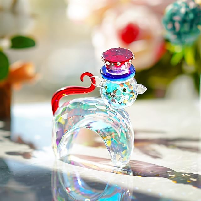 ZEERSHEE Cat Ornament for Cats Lovers Crystal Cat Figurine Collectibles with Magic Hat Glass Cat Figurine Decor Christmas Birthday Cat Gifts for Women Girls