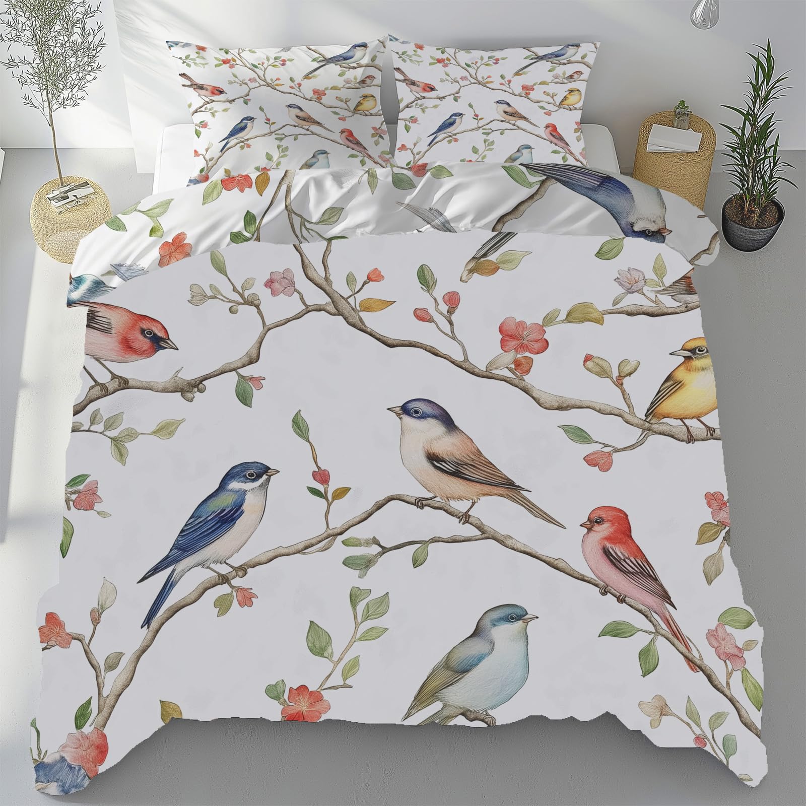 Housse de couette 240x260 cm en microfibre avec 2 taies d'oreiller motif oiseau aquarelle