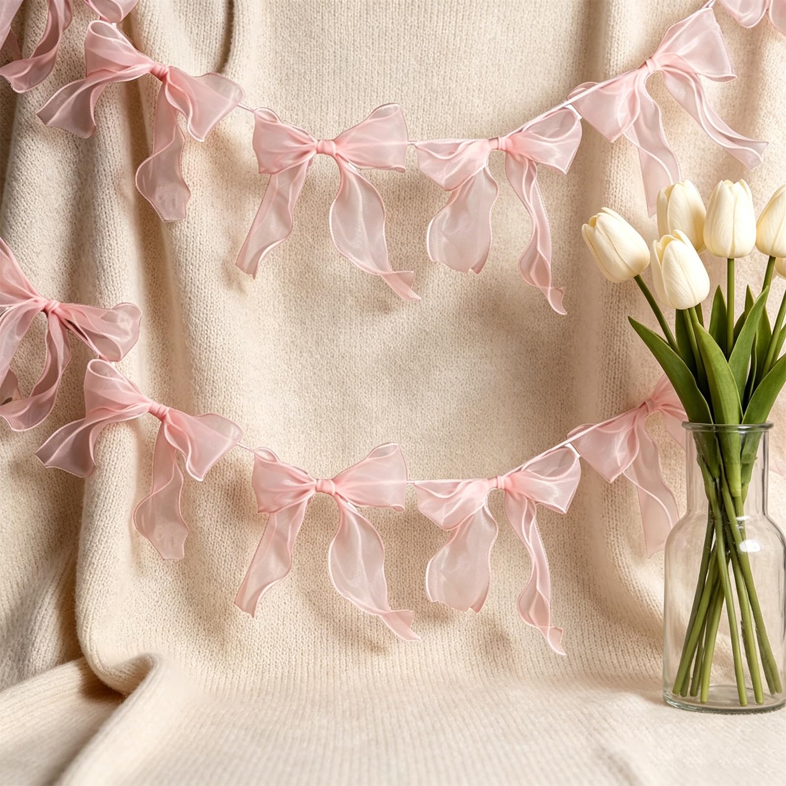 FAINCA 2 Pcs Pink Bow Birthday Decorations with 24 Bows 2M Garland Banner