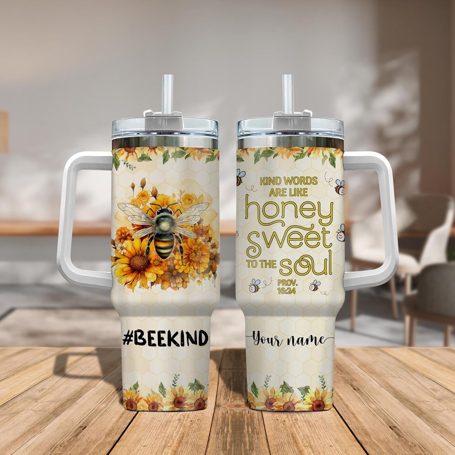 Personalized Bee Kind Sunflower 40oz Tumbler with Handle and Straw, Bee Tumbler for Women, Vacuum Insulated Cute Bee Tumbler, Gifts for Bee Lover, Travel Coffee Tumbler (01), Large