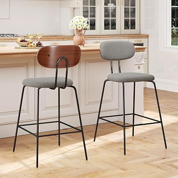 LSSPAID Bar Stools Ser of 2, 25.6 Inches Counter Height Barstool with Curved Walnut Bentwood Back Metal Legs, Modern Fabric Upholstered Barstools for Kitchen Island, Grey