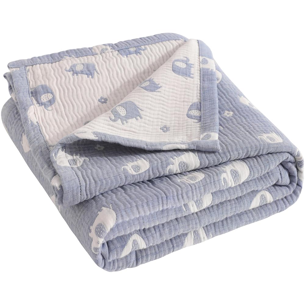 NTBAY 3 Layer Oversized Muslin Cotton Toddler Blanket, Jacquard Reversible Nursery Bed Blanket, Super Soft and Thermal for All Seasons, Baby Gift, 45x60, Blue Elephant