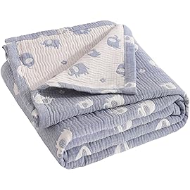 NTBAY 3 Layer Muslin Cotton Toddler Blanket, Jacquard Reversible Nursery Bed Blanket, Super Soft and Thermal for All Seasons, Decoration Gift, 30x40, Blue Elephant