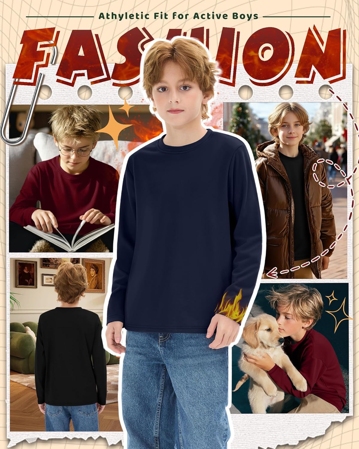 3 Pack Boys Fleece Long Sleeve Shirts, Crew Neck Thermal Tops Kids Casual Soft Warm Loose Basic Tees 3-16 Years - Image 4
