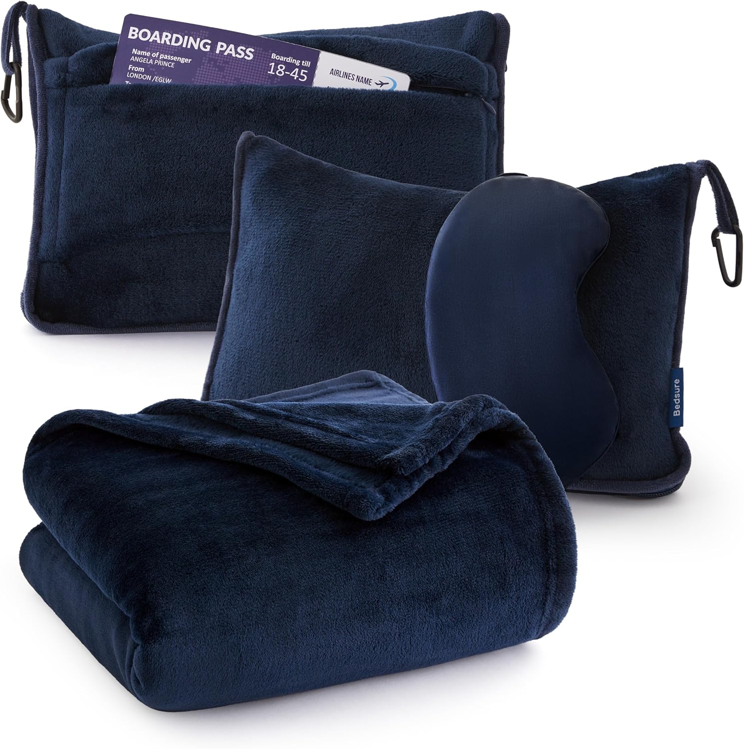 Bedsure 3-in-1 Compact Travel Blanket and Pillow Set Navy & Cozy Blanket Navy 50x60