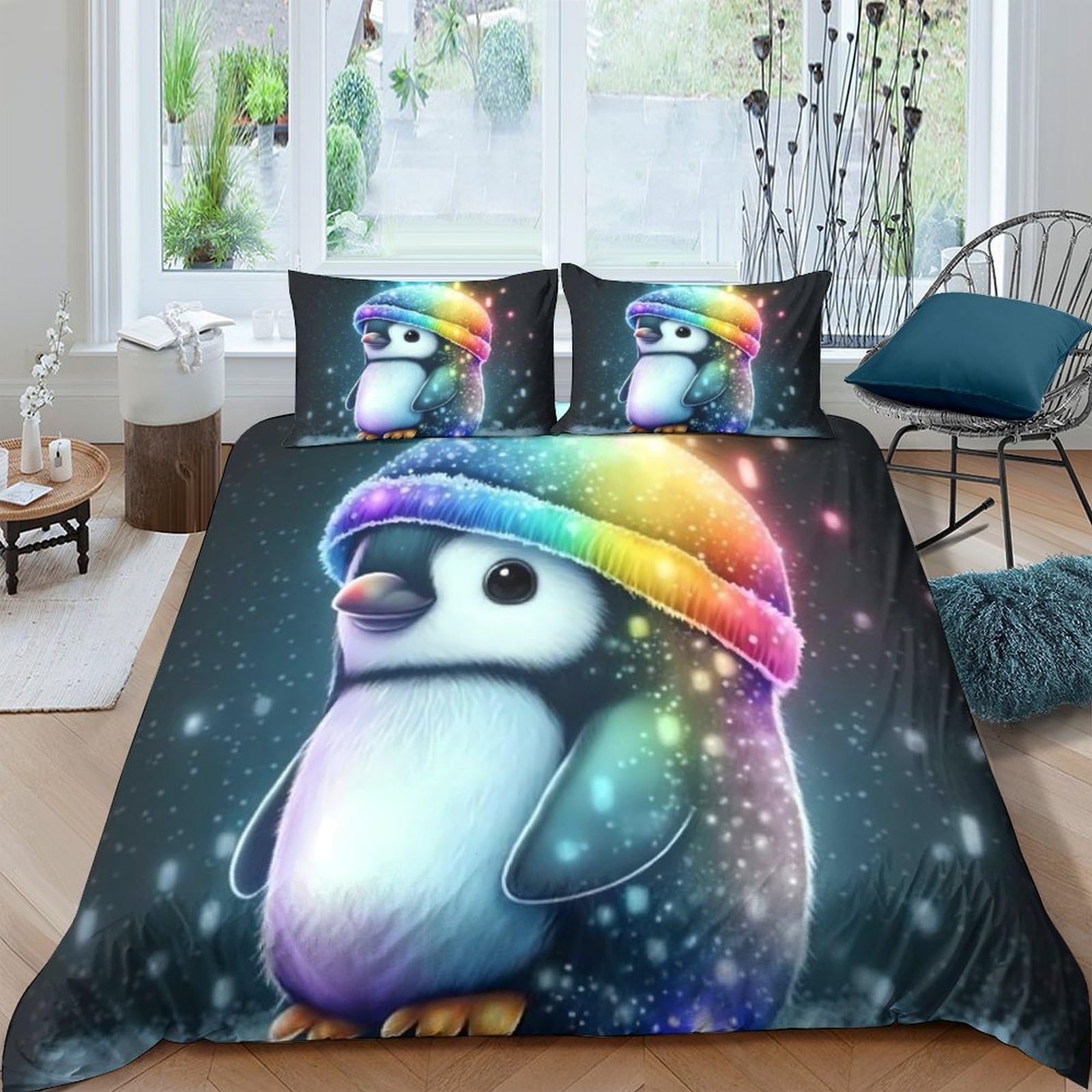TUFRTGYHN 3D Printed Rainbow Penguin Duvet Cover Microfiber Soft Breathable Winter Hat Bedding Set with 2 Pillowcases for Bedroom Decor Single（135x200cm）