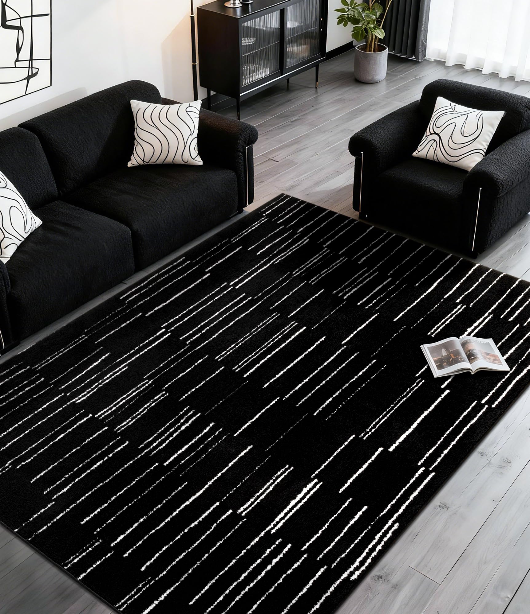 Photo 1 of YIHOUSE 5x7 Abstract Striped Area Rug, Modern Washable Stain Resistant Rugs Non Slip, Soft Indoor Floor Carpet for Living Room, Bedroom,Dining Room, Black and White