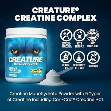 CREATURE Creatine Complex - Creatine Monohydrate Powder with 5 Types of Creatine Including Con-Cret Creatine HCL, Promotes Muscle, Strength, Endurance, Brain Health, Unflavored, 300g 60 Servings