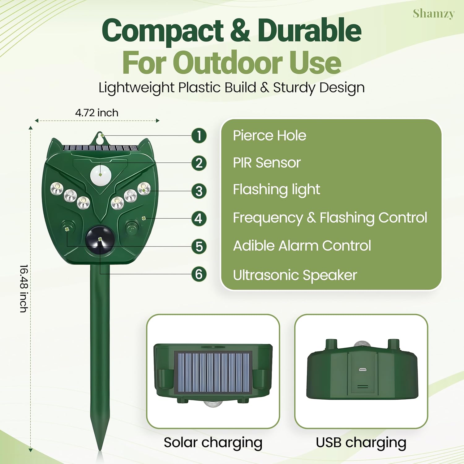 Shamzy Solar Ultrasonic Animal Repellent Outdoor, Cat Deterrent for Yard with 6 LED Flashing Lights & Motion Sensor That Repel Dogs, Deer, Fox, Raccoon, Skunk, Rabbit, Squirrel Deterrent Outdoor