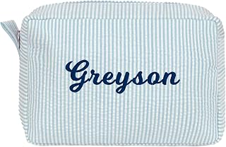 MTWORLD Personalized Seersucker Cosmetic Bag - Custom Name Makeup Pouch for Women, Bridesmaids, Travel Toiletry Organizer (Aqua)