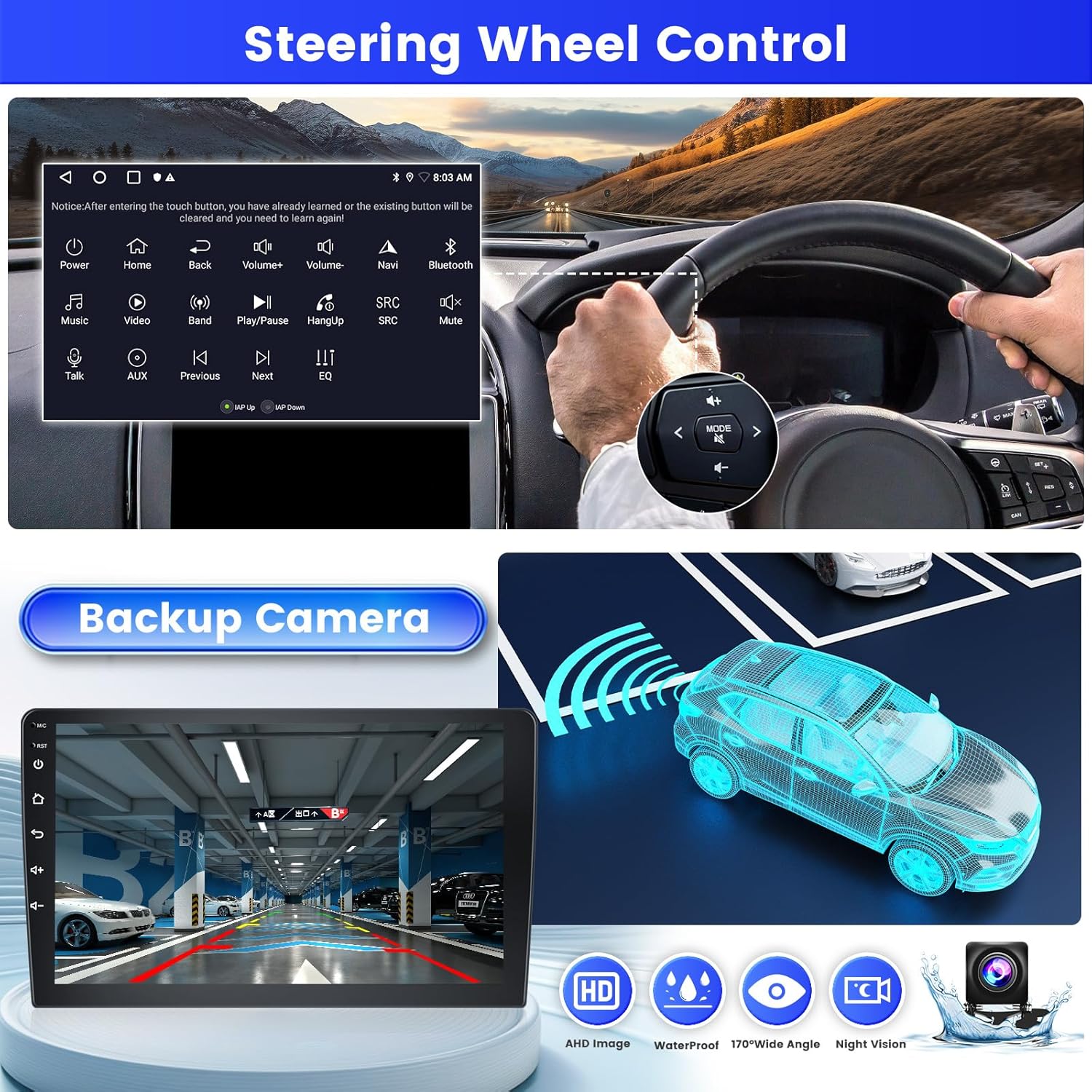 Image showing a driver using steering wheel controls and the on-screen interface for control mapping.