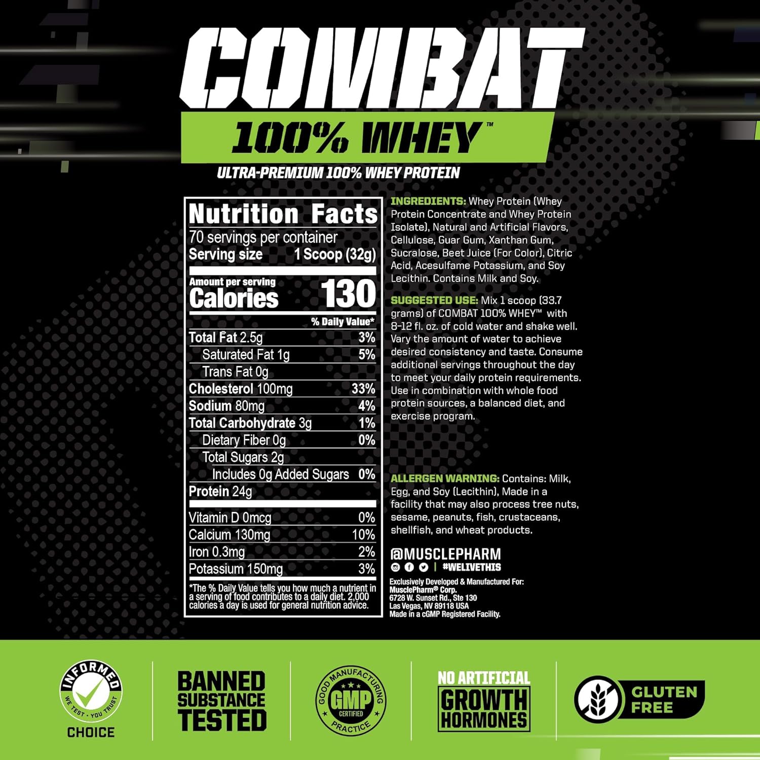 Musclepharm Combat 100% Whey Protein Powder, Strawberry Crea...