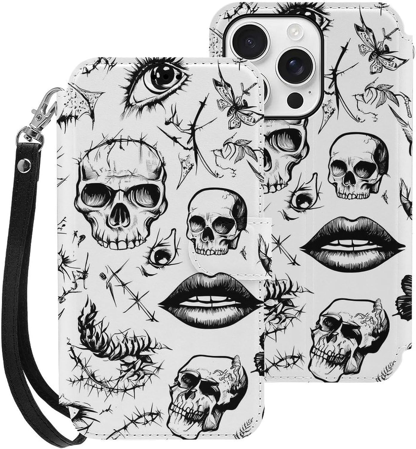 Thorn Skulls Roses Patch Eyes Compatible with iPhone 16/16 Plus/16 Pro/16 Pro Max/16 E Case Phone Wallet Card Holder Flip Cover with Wrist Strap