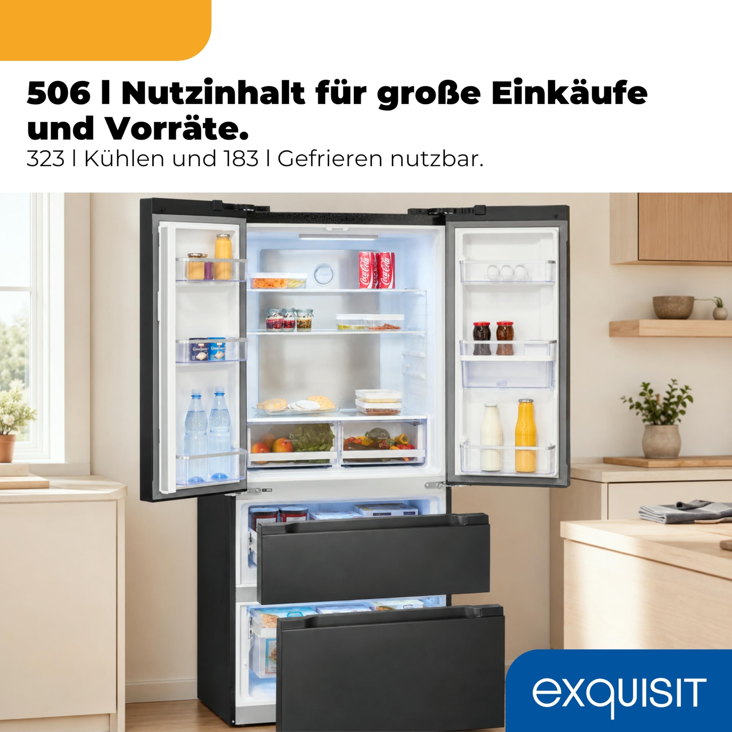 Exquisit French Door Kühl-Gefrierkombination 506 l, No Frost | Inoxlook, Wasserspender, LED, Schnellgefrieren, 183 l Gefrieren, Energieklasse E, 38 dB