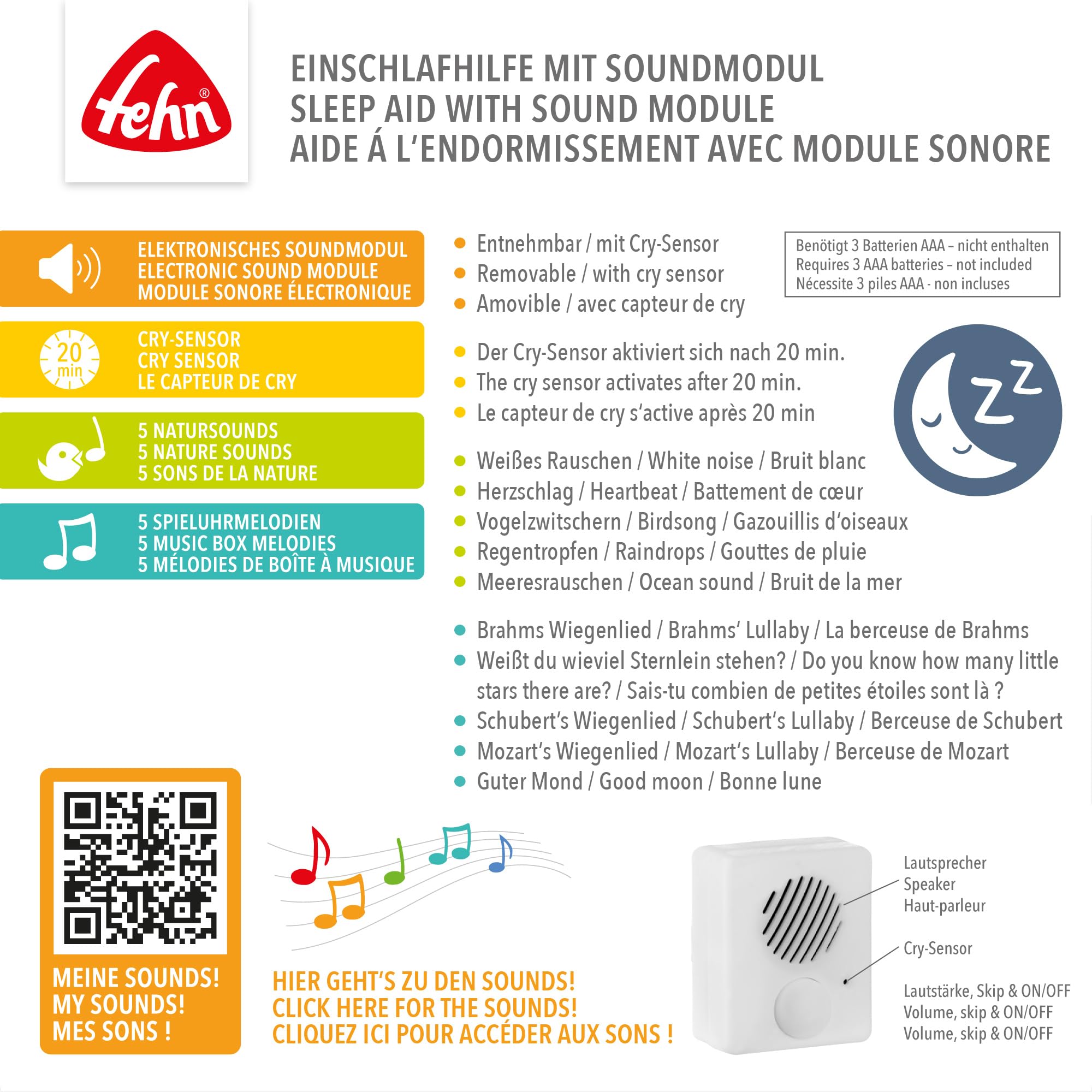 Fehn Einschlafhilfe Chamäleon – Baby Einschlafhilfe mit Soundmodul: Chamäleon Kuscheltier mit entnehmbaren elektronischem Soundmodul mit Cry-Sensor, Spieluhr für Babys und Kleinkinder ab 0+ Monaten