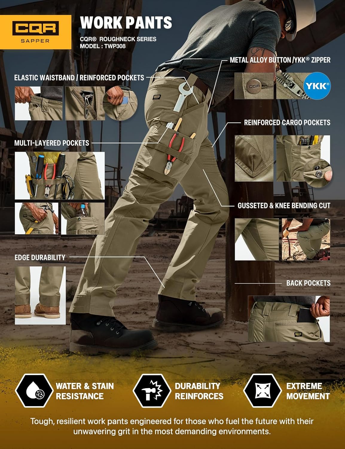 CQR Men's Quick Dry Work Pants, Water Resistant Outdoor Tactical Pants, Lightweight Stretch Cargo Hiking Pants - Image 7