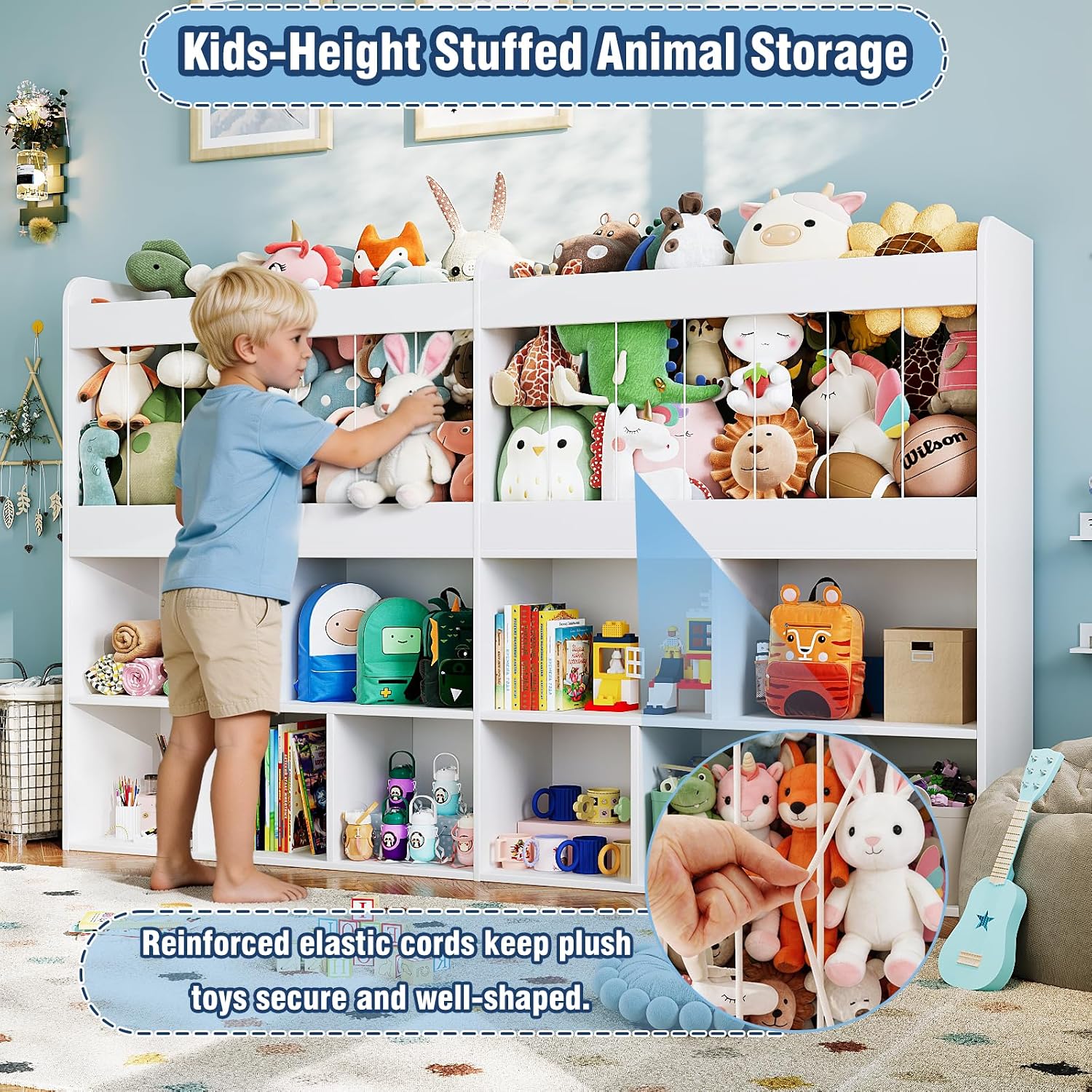 63.6"W Toy Storage Organizer, Kids Bookshelf with 10 Cube Organizer Bookcase, 220L Stuffed Animal Storage, Open Shelf Simple Compartments for Playroom, Kids Room, Living Room, Kindergarten,White