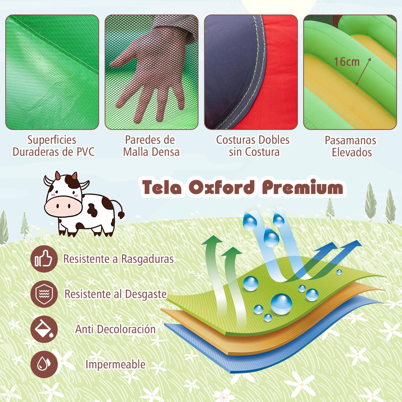 COSTWAY Castillo Hinchable para Niños con Soplador, Castillo Inflable Infantil con Dos Toboganes, Piscina de Bolas, Juego de Lanzamiento de Aros, Juego de Dianas y Canasta de Baloncesto, Tema Granjero