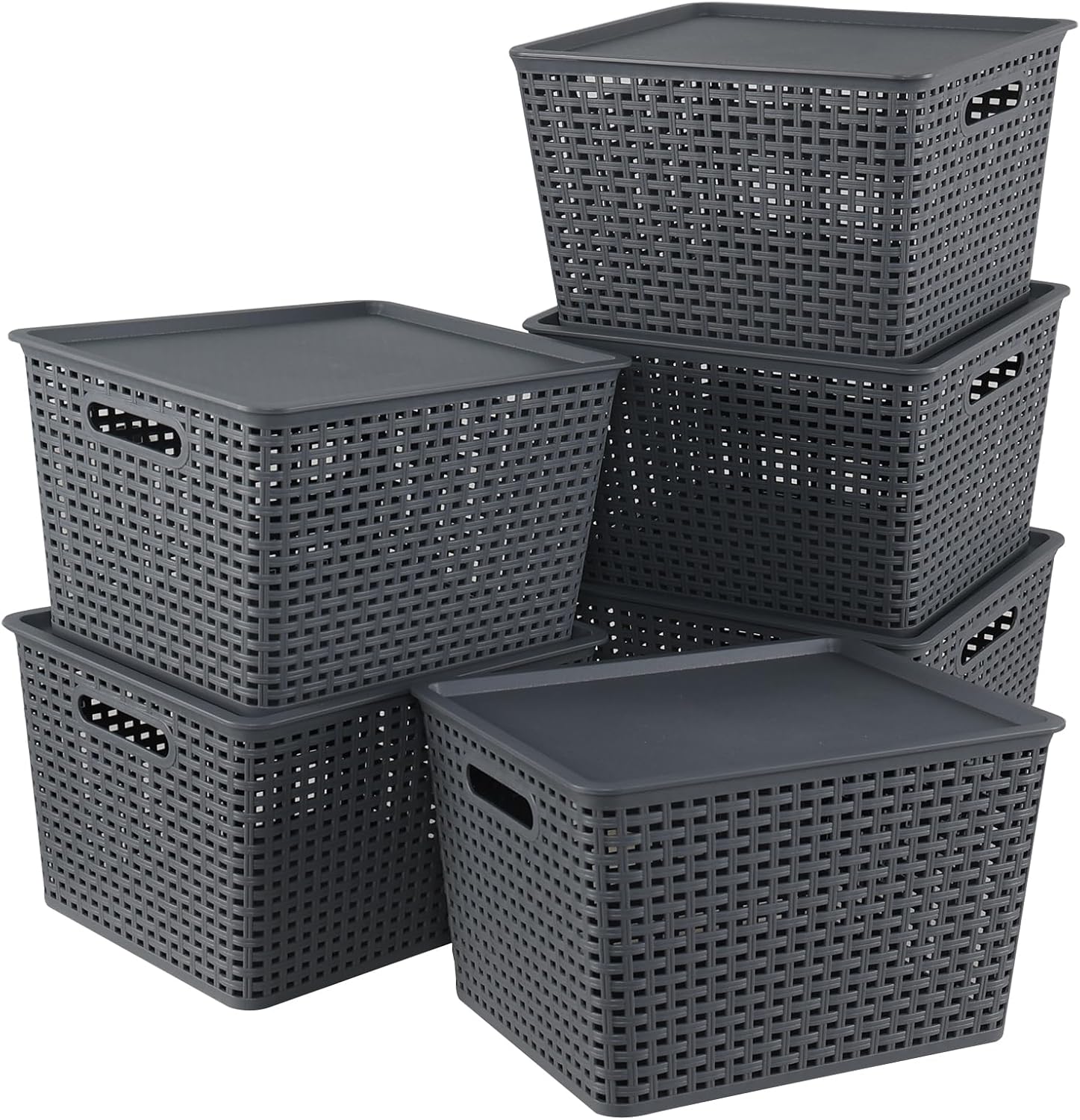 6-Pack Large Plastic Baskets with Lids, Stackable Plastic Woven Basket, 14" x 11.6" x 8.66", Grey