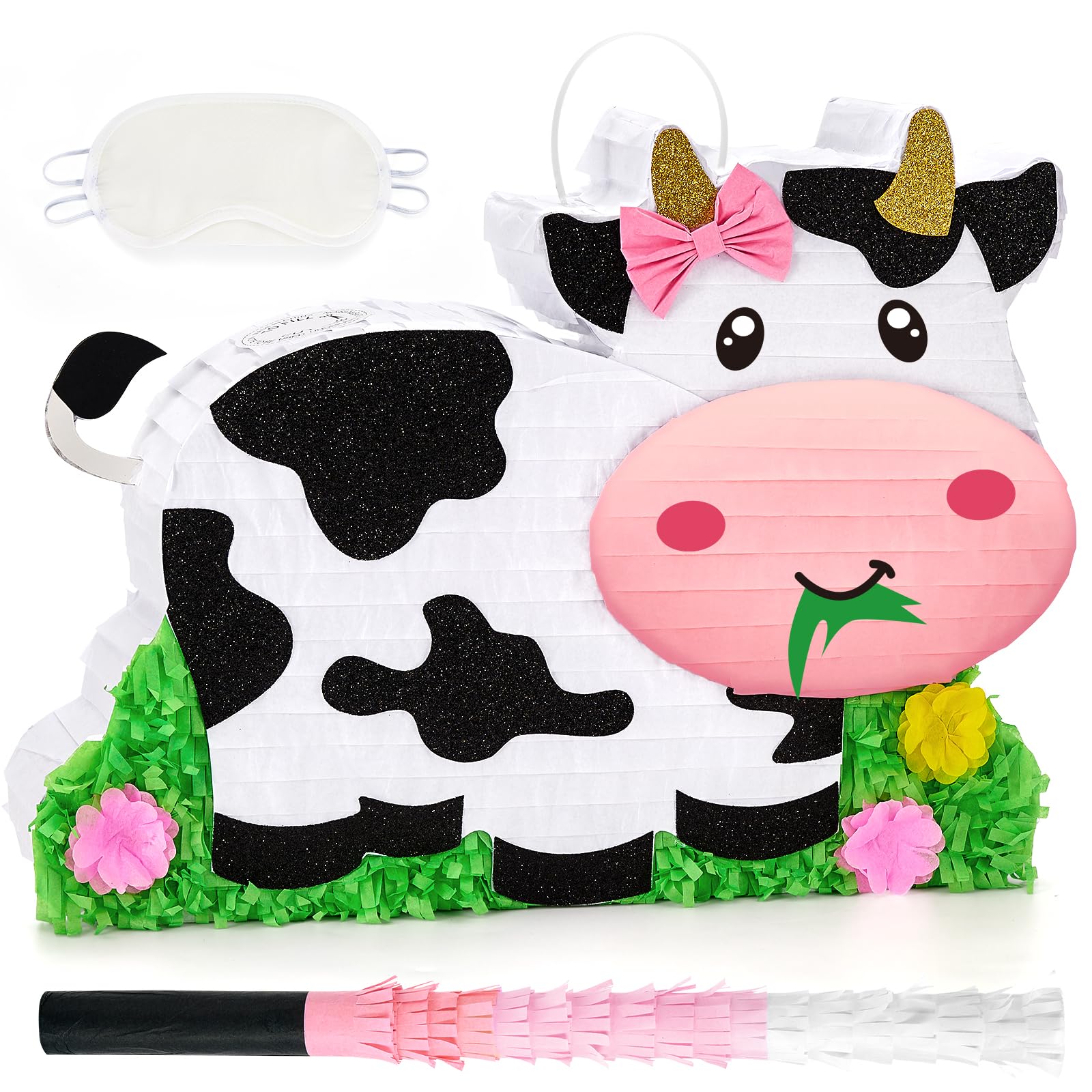 WERNNSAI Dairy Cow Piñata - Farm Animal Party Game Cow Piñata for Girls Birthday Party Decorations Kids Happy Party Favor Supplies with Bat Blindfold, Farm Theme Candy Toys Filler — image 1