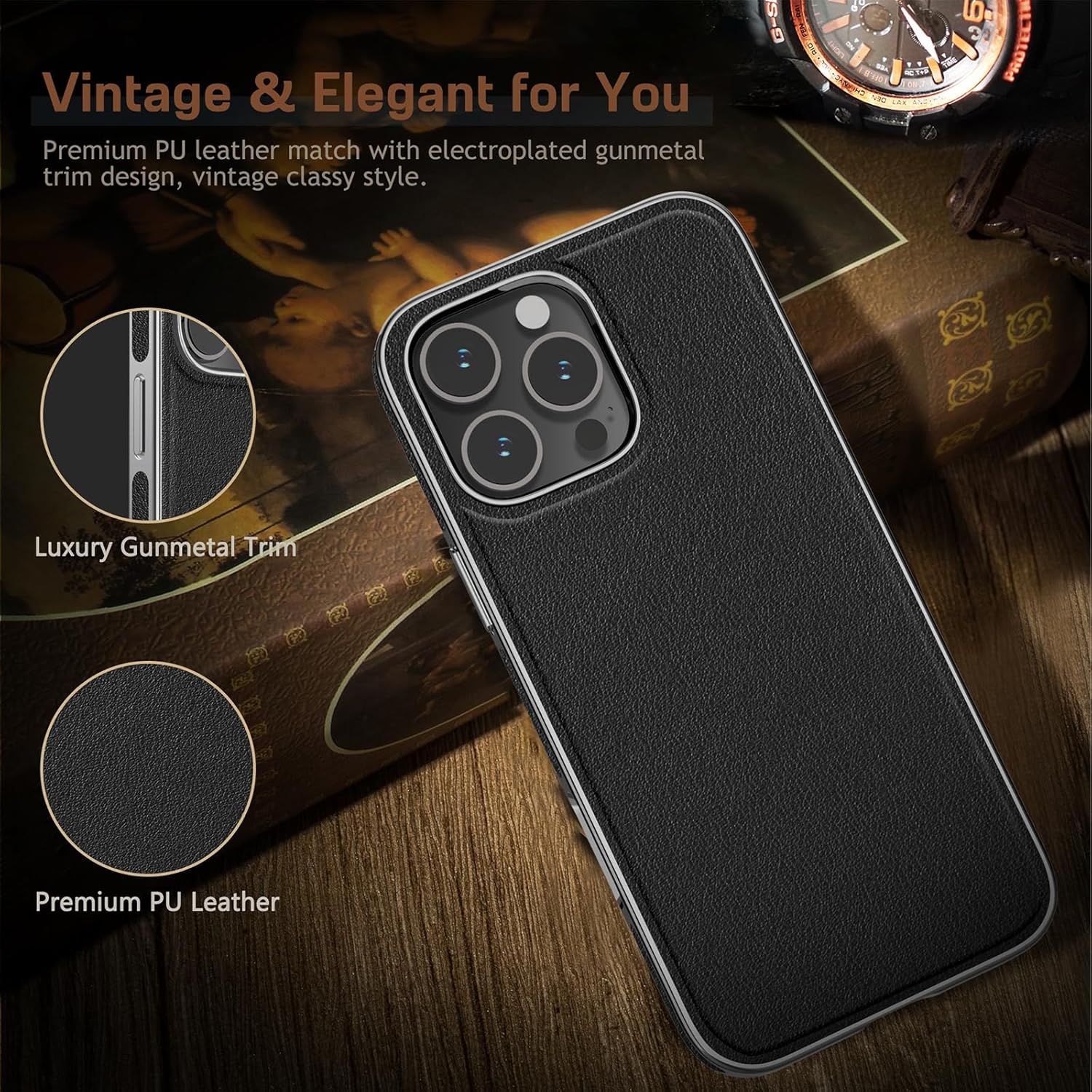 LOHASIC Leather Case for iPhone 16 Pro Max Compatible with MagSafe, Classic Elegant Slim Business PU Design Non-Slip Grip Shockproof Protective Cover Men Phone Cases for iPhone 16 Pro Max 6.9" - Black