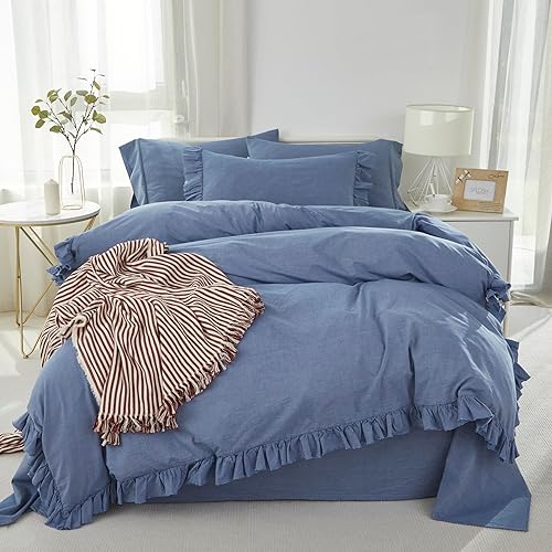 Miniatura 4 de Brandream Juego de sábanas y fundas de almohada de 4 piezas de 100 % algodón puro lavado, lujosas, extrasuaves, con textura similar al lino, tamaño