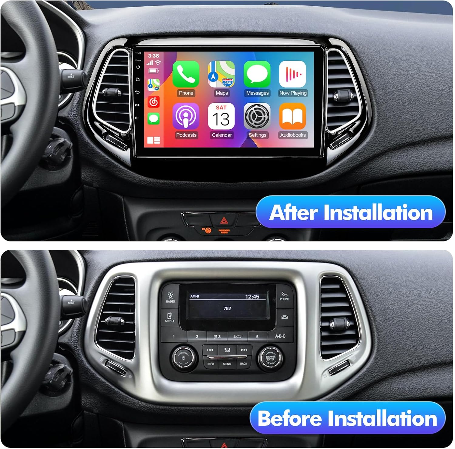 10.1-inch android 13 double din car stereo installed in Jeep Compass dashboard