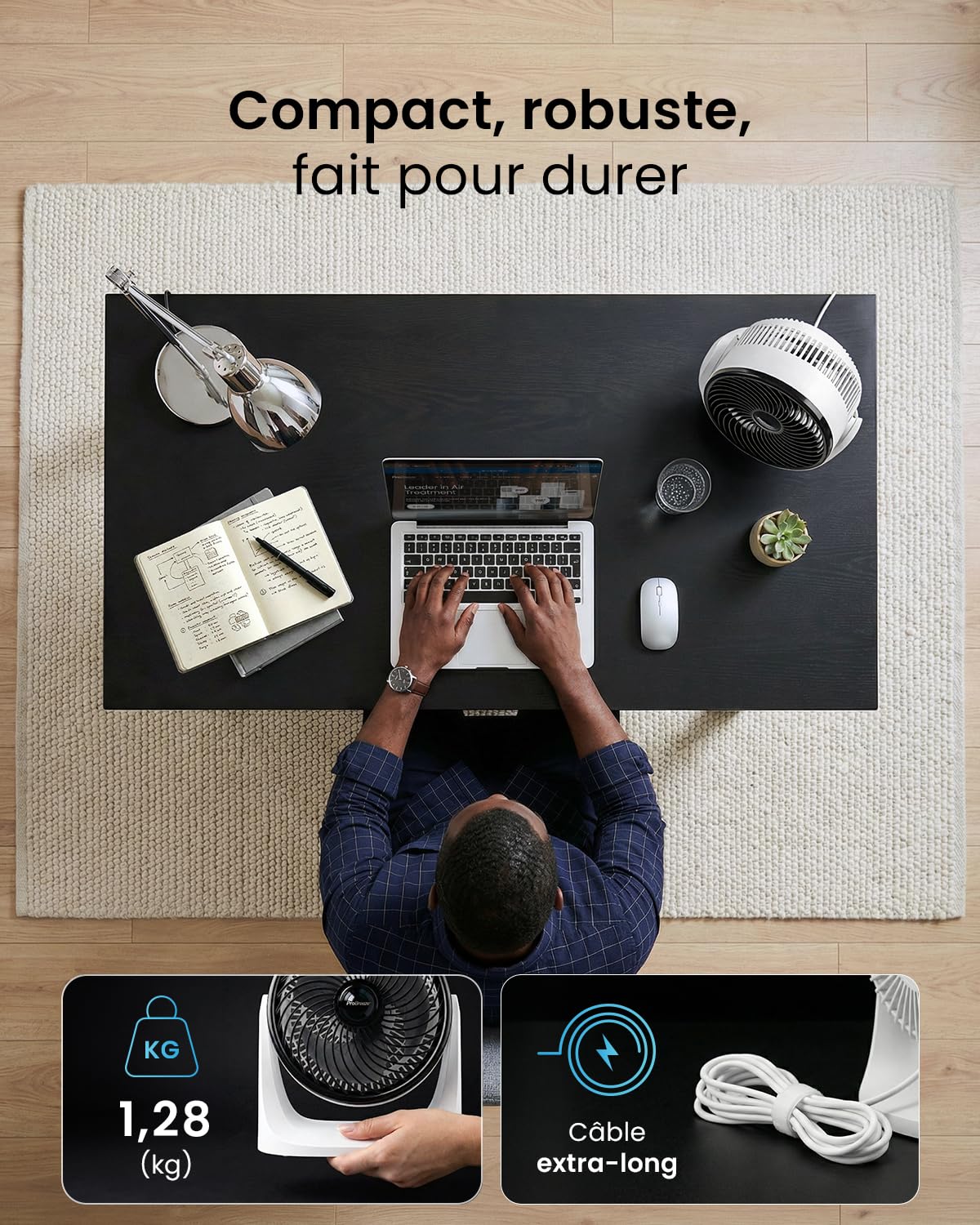 Pro Breeze AirFlo Mini Turbo – Ventilateur de Bureau Silencieux Ultra Puissant, 3 Vitesses, Inclinaison 90°, Ventilateur Compact pour Chambre, Bureau & Maison, Rafraîchissement Instantané