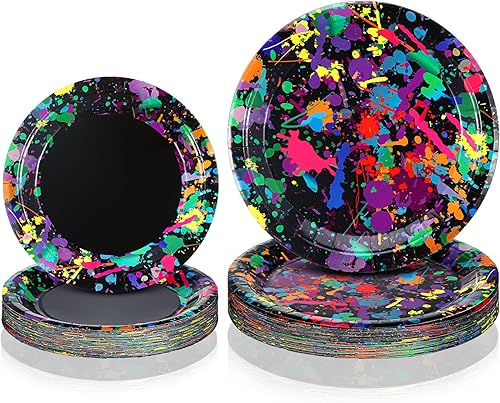 Baderke 48 platos de neón de 9 pulgadas y 7 pulgadas que brillan en la oscuridad, suministros de fiesta, platos desechables de neón de papel,