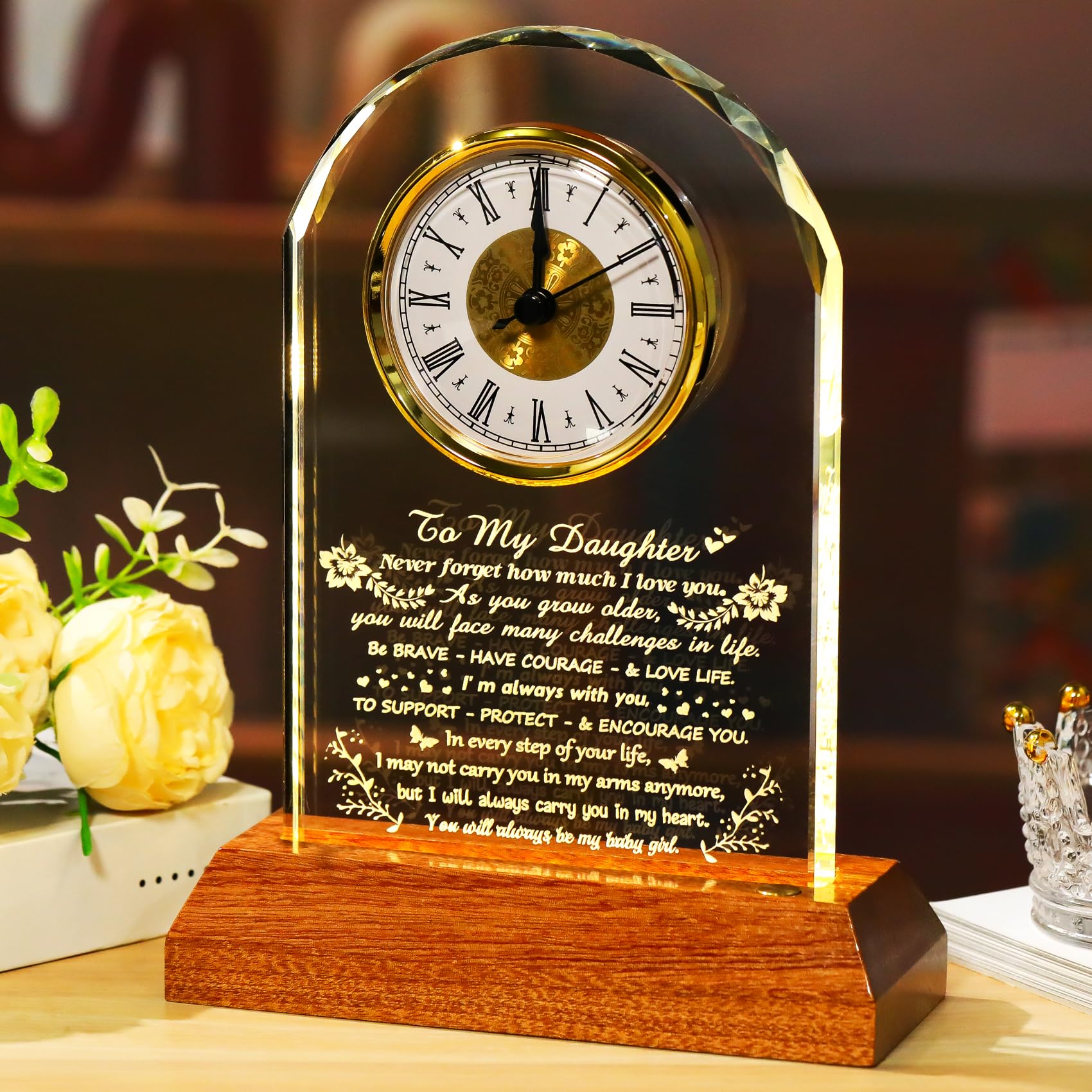 Arikyrist Gifts for Daughter from Mom Dad Crystal Clock with Light Base
