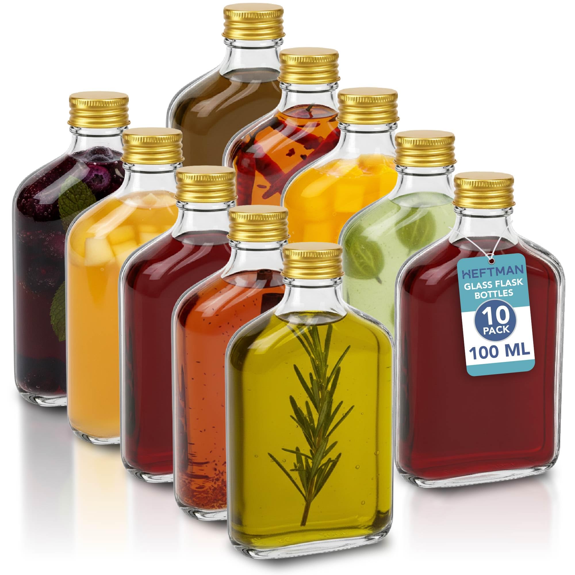 HEFTMAN Flask Small Glass Bottles - 10 Pack 100ml Glass Bottles with Lids, Empty, Airtight, Reusable 100ml Bottle - Perfect for Gin, Wine, Vinegar, Homemade Beverages, Sauces, Décor